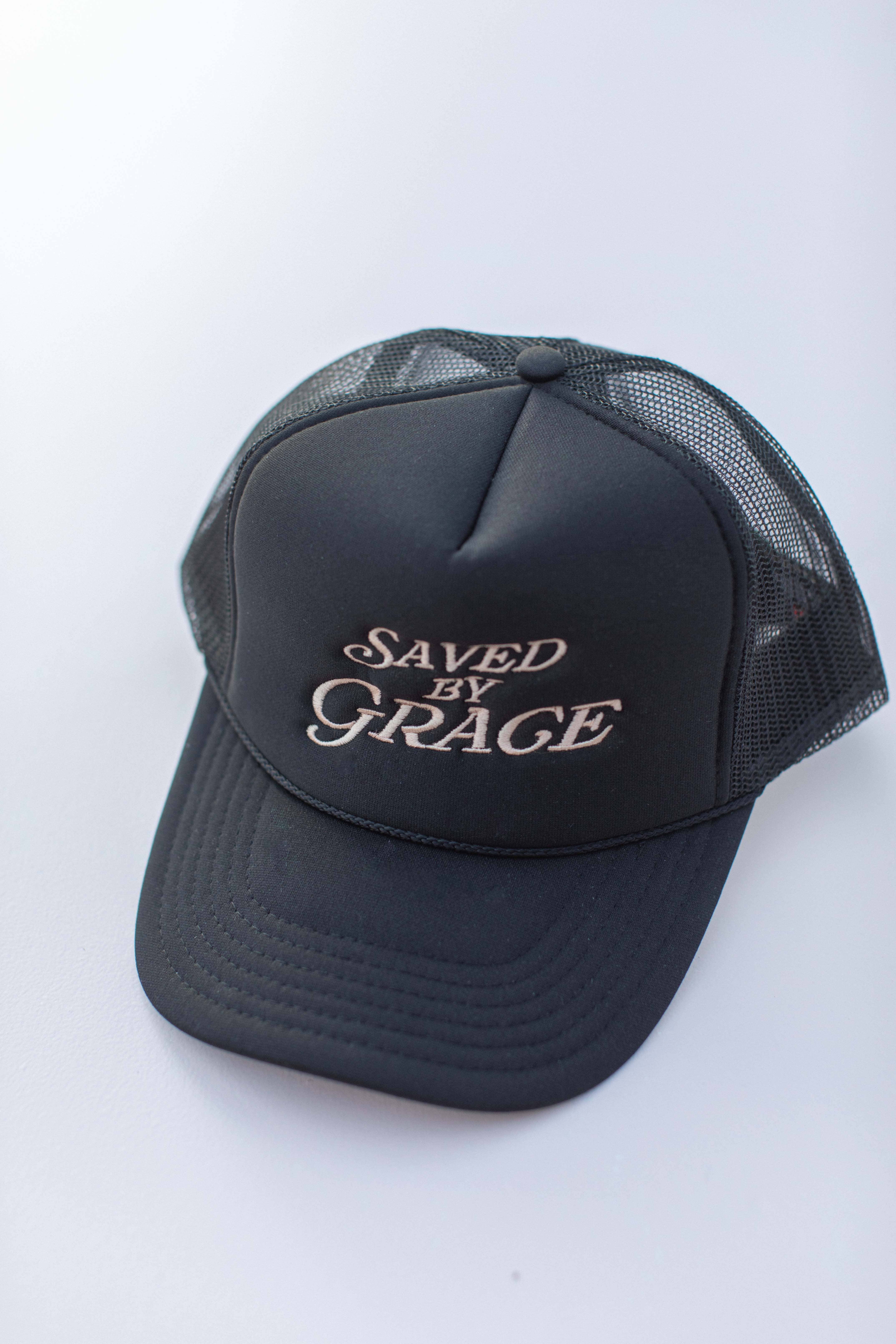 Black Embroidery Saved by Grace Faith Christian Trucker Hat for wholesale on Faire1