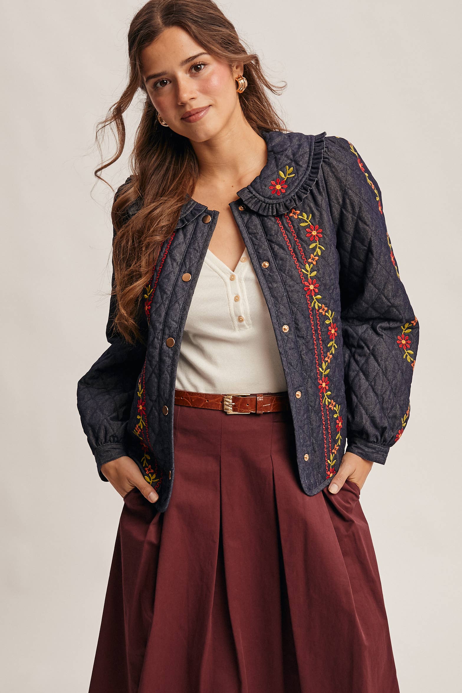 Midnat Indigo Broderet quiltet denimjakke FJ0008 for engroshandel på Faire5