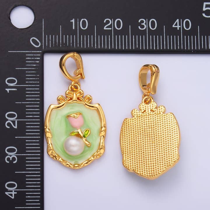 Aim Eternal - Wholesale Individual Charm/Pendant - 24K Gold Filled Green Pink Rose Flower With Pearl Snap Bail Pendant | AA14622