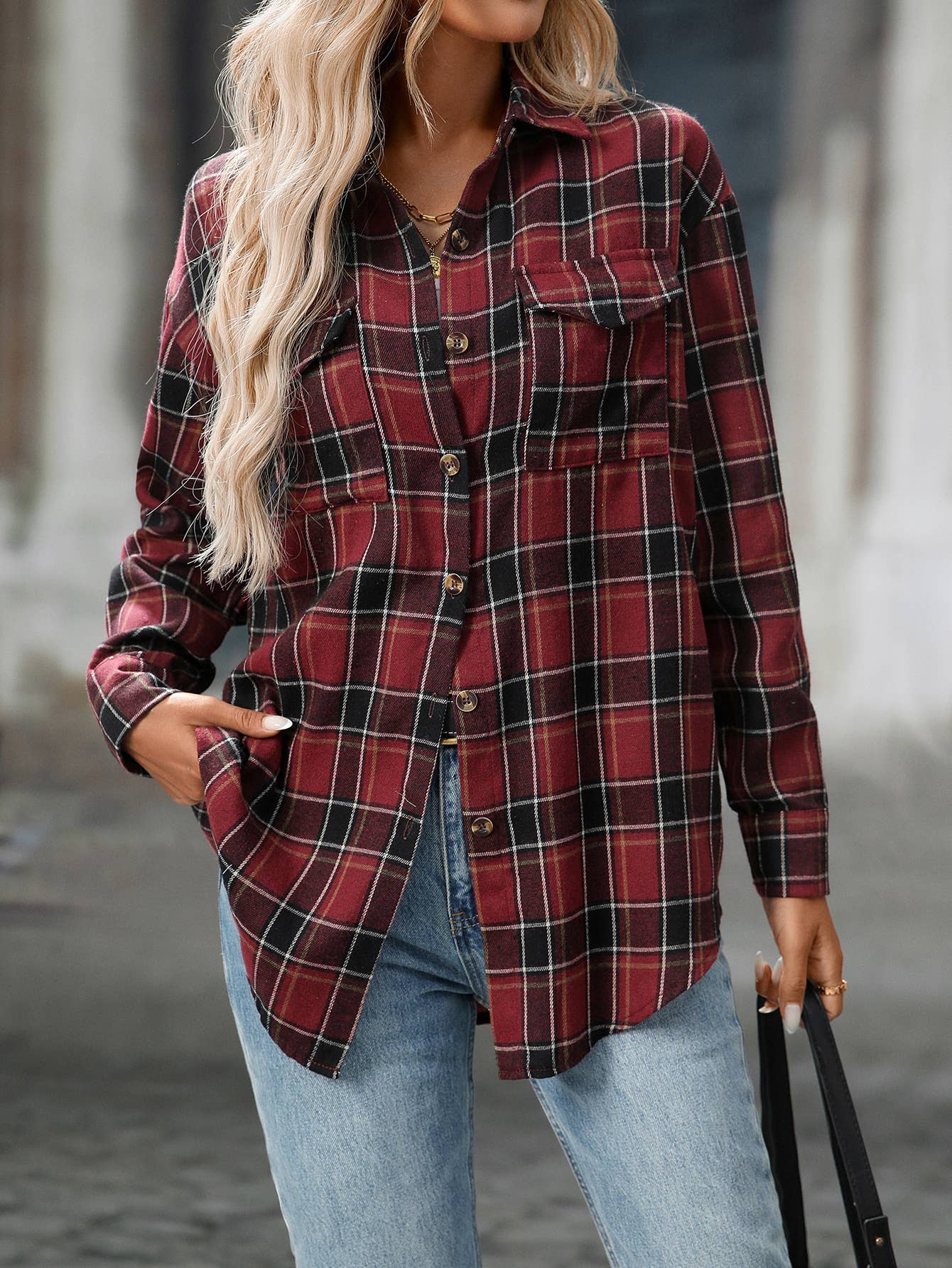 FULL TIME PURCHASE - Wholesale Button Down Shirt - Women's - Plaid Print Chest Pockets Buttoned Shirt16