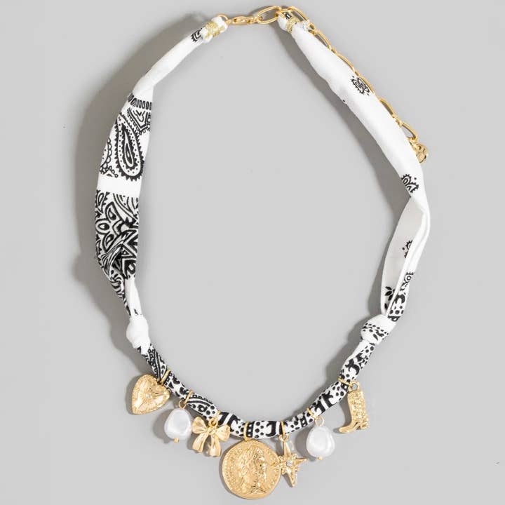 The Looks by Fame Accessories - Wholesale Pendant/Charm Necklace - Bow Pearl And Coin Charms Bandana Necklace5