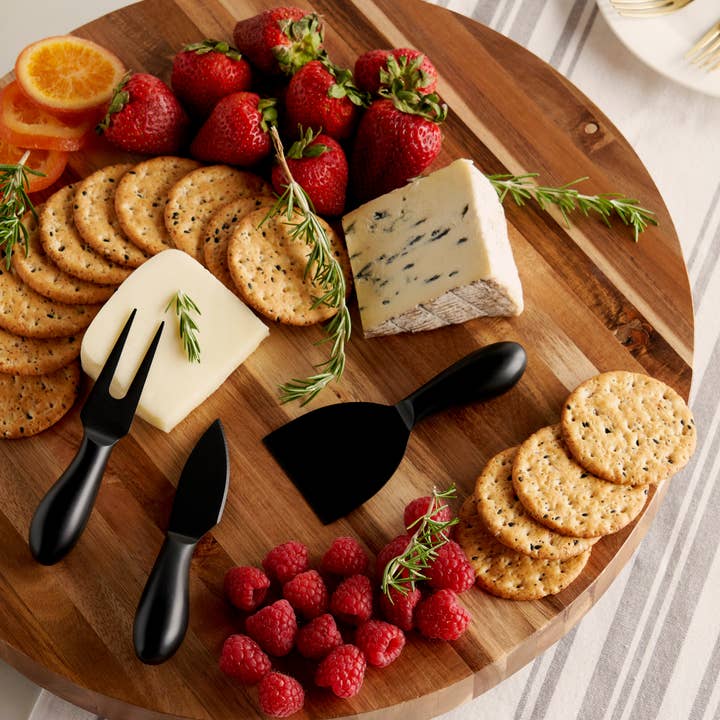 Twine - Wholesale Cheese Board - 16" Metal Footed Acacia Cheese Board & Knives Set - Set of 3