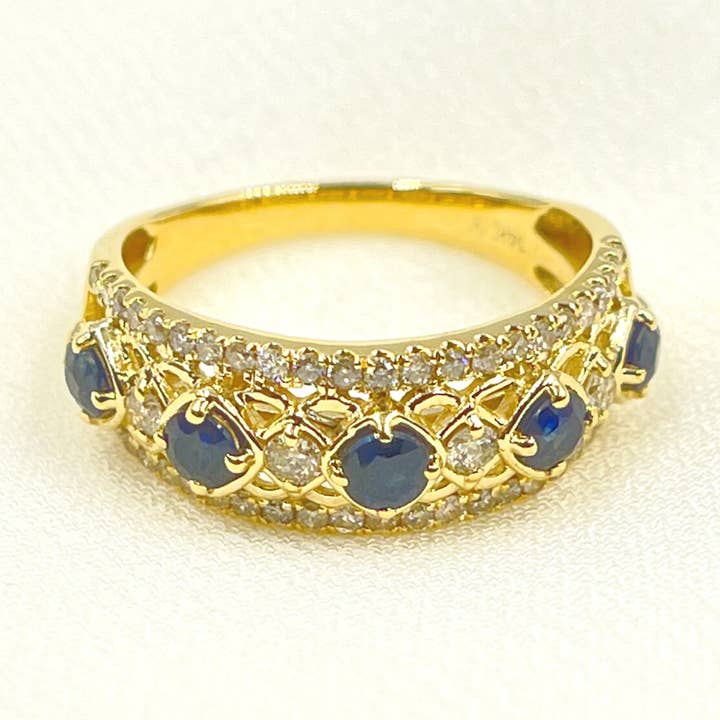 14K Solid Yellow Gold Diamond and Blue Sapphire Band Ring. RAH01392BS for wholesale by Tresor Jewelry Inc.