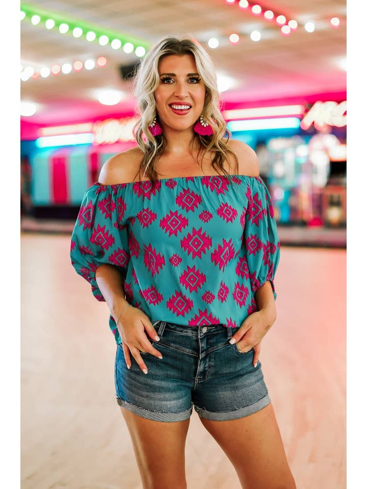Rustic Touch Turquoise Off The Shoulder Top for wholesale on Faire