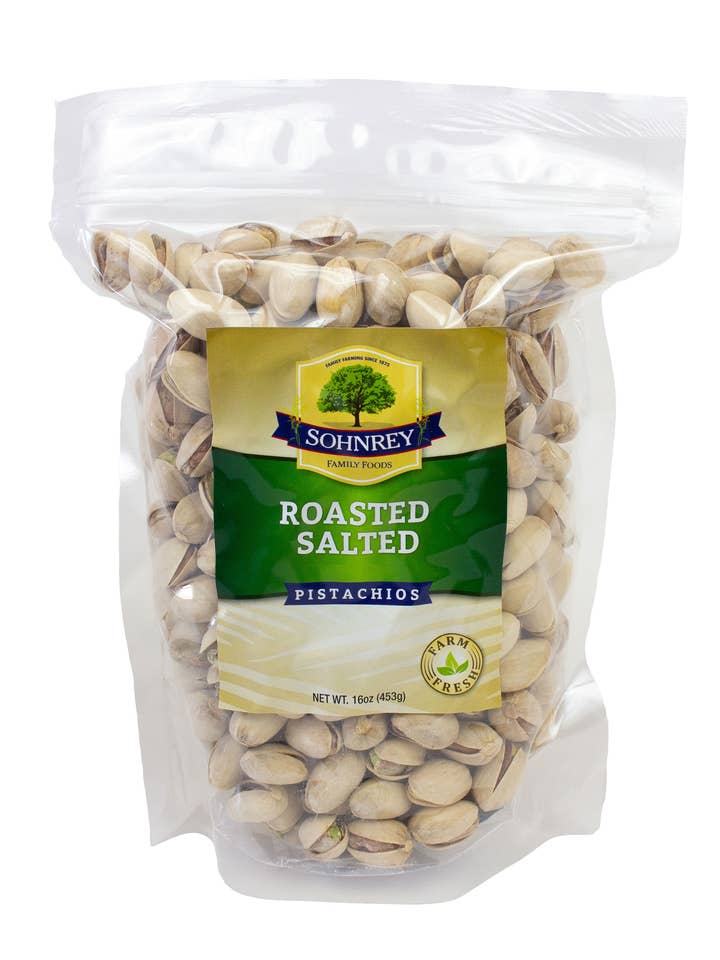 Roasted Salted Pistachios 1 Ib for wholesale by Sohnrey Family Foods LLC