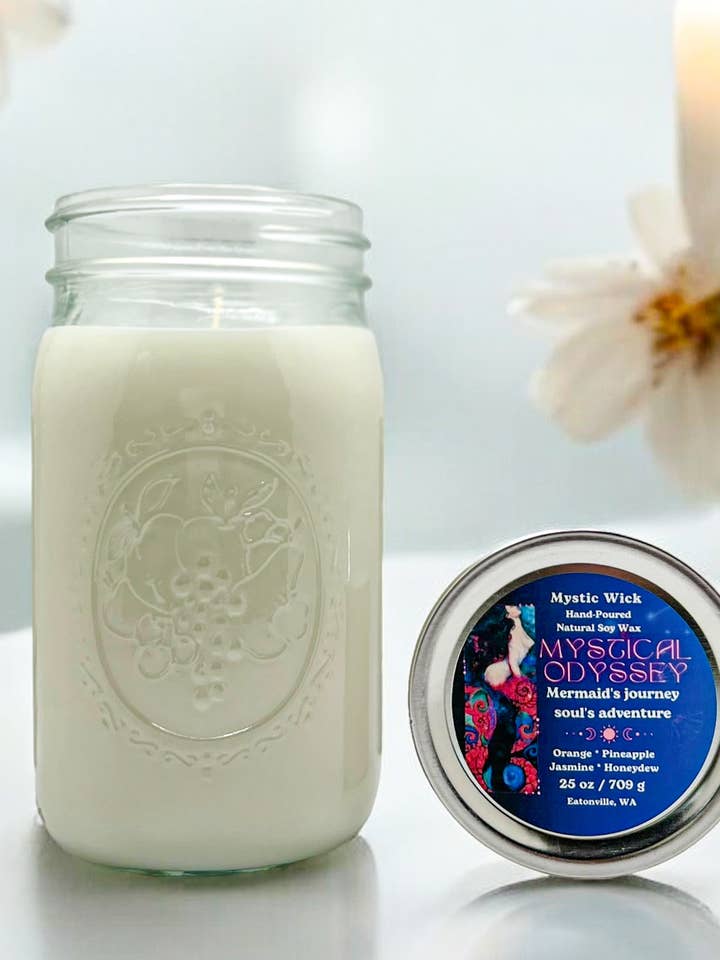Fruit tropical et rhum - (Mystical Odyssey) Cire de soya - Bougie en pot Mason 25 oz pour la vente par Mystic Wick LLC