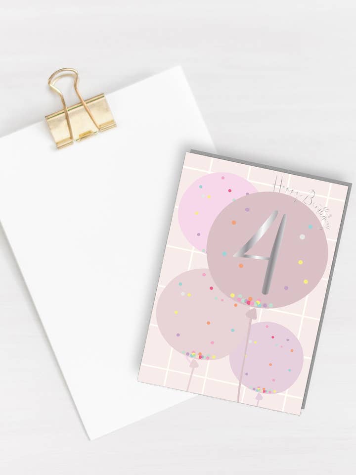 Ballonkaart voor 4e verjaardag - zilverfolie voor wholesale door Três Paper Co