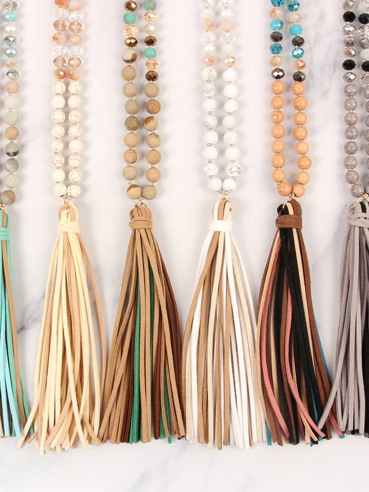 Colorful Natural Stone Glass Beads Leather Tassel Necklace for wholesale by MYS Wholesale Inc