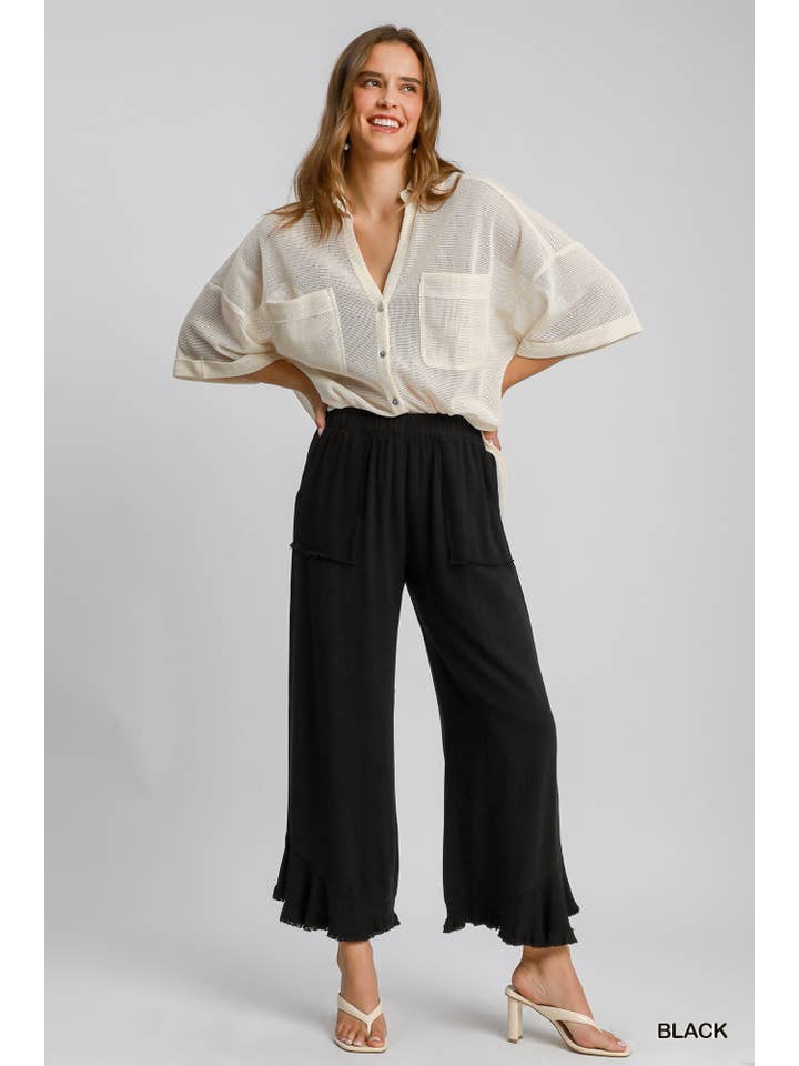 Vanilla Monkey - Wholesale Pants - Women's - Linen Blend Elastic Waist Band Wide Frayed Hem Pants