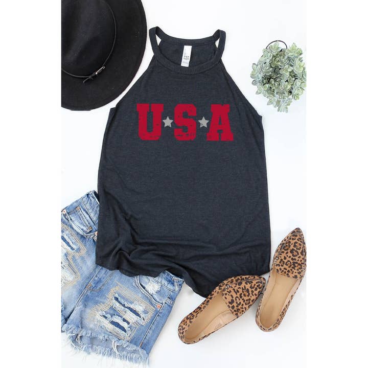 USA Star Patriotic 4th of July Picnic Graphic Mock Tank for wholesale by Kissed Apparel