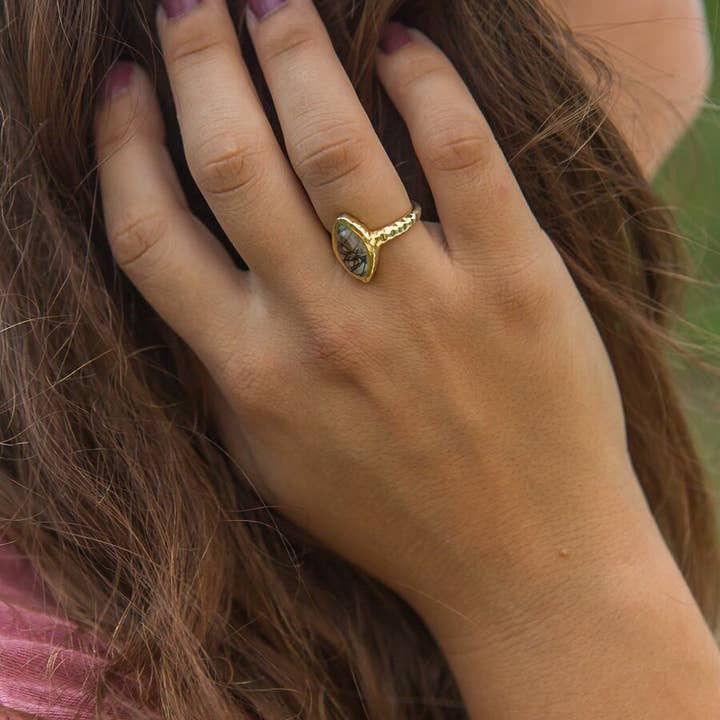 Fair Anita - Wholesale Cocktail/Statement Ring - Almond Black Rutile Ring - Brass2