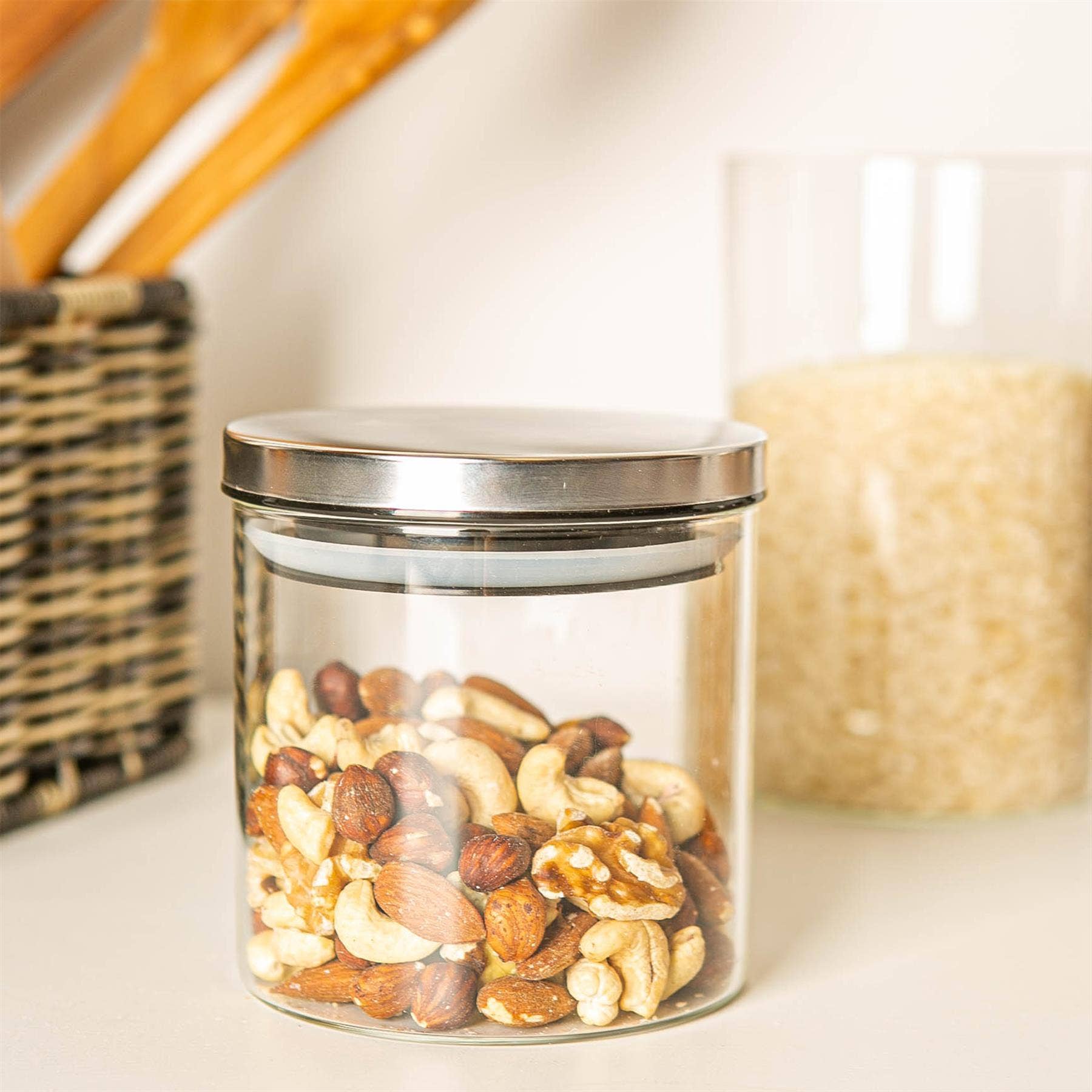 Rinkit Ltd – Jarra por atacado – Argon Tableware Frasco de armazenamento de vidro Tampa de metal 550ml Prata1