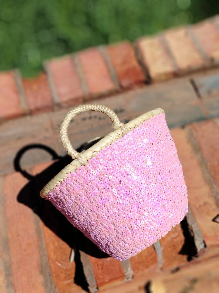 Handwoven Straw Tote Basket – Pink Sequin Embellished for wholesale by Twins Basket