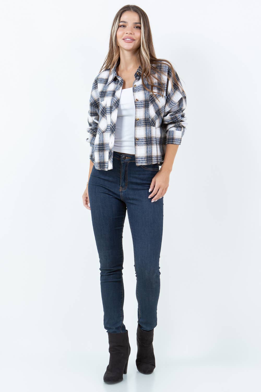 Veracci - Wholesale Button Down Shirt - Women's - Boxy Cropped Long Sleeve Plaid Over Shirt3