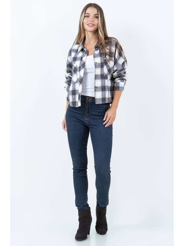 Veracci - Wholesale Button Down Shirt - Women's - Boxy Cropped Long Sleeve Plaid Over Shirt3