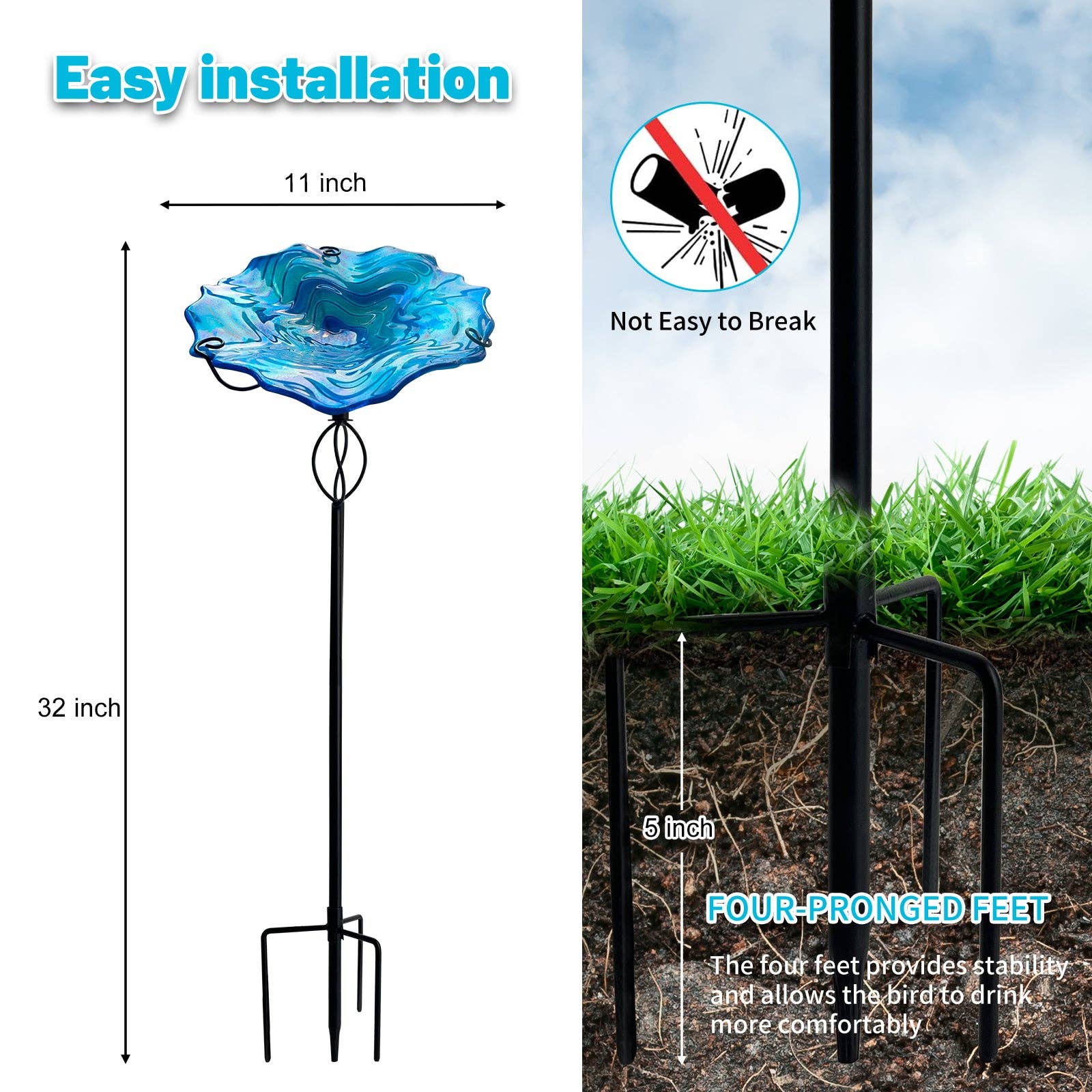 Liffy - Wholesale Bird Bath - Blue Ripple Glass Bird Bath Feeder with Metal Stake4