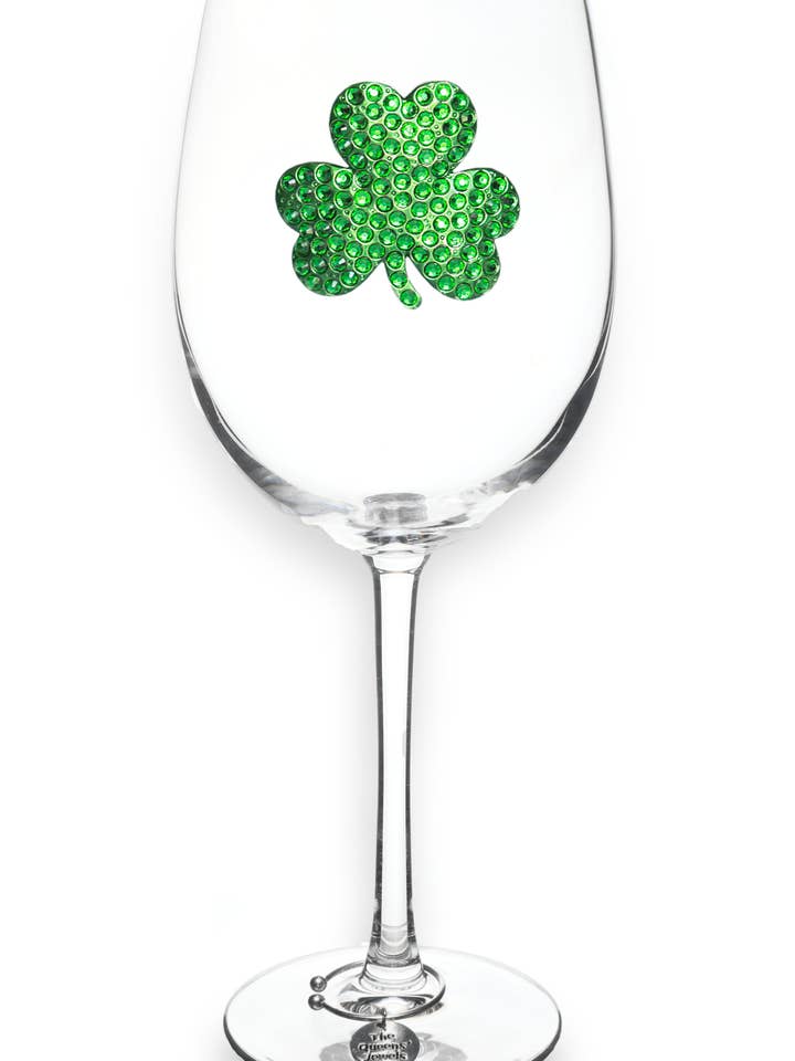 St. Patrick's Day - Shamrock Jeweled Stemmed Wine Glass for wholesale by The Queens' Jewels®