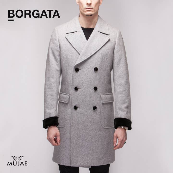 Borgata - Silk Velvet Cuffs Wool Grey Coat for wholesale by Mujae