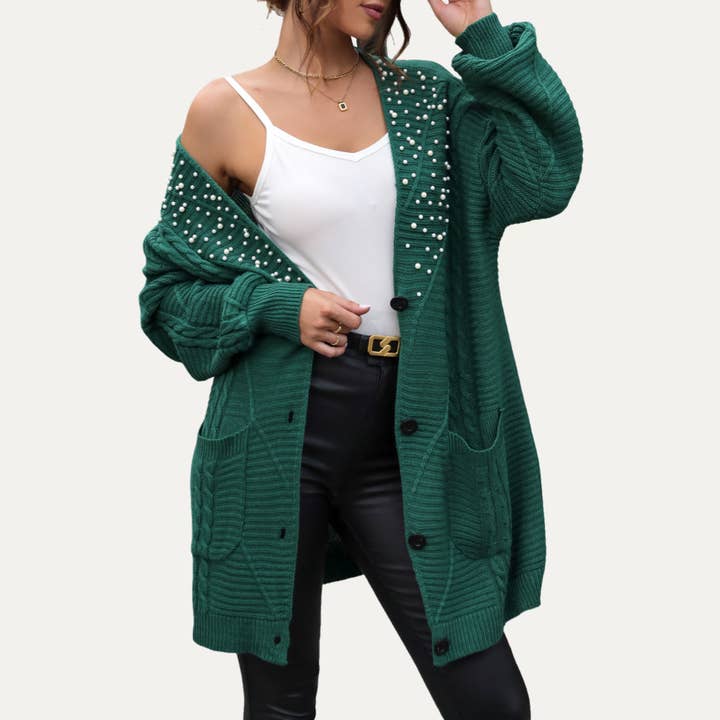 Verde cazador suéter de punto trenzado con detalles de perlas verdes navideñas de venta al por mayor en Faire9