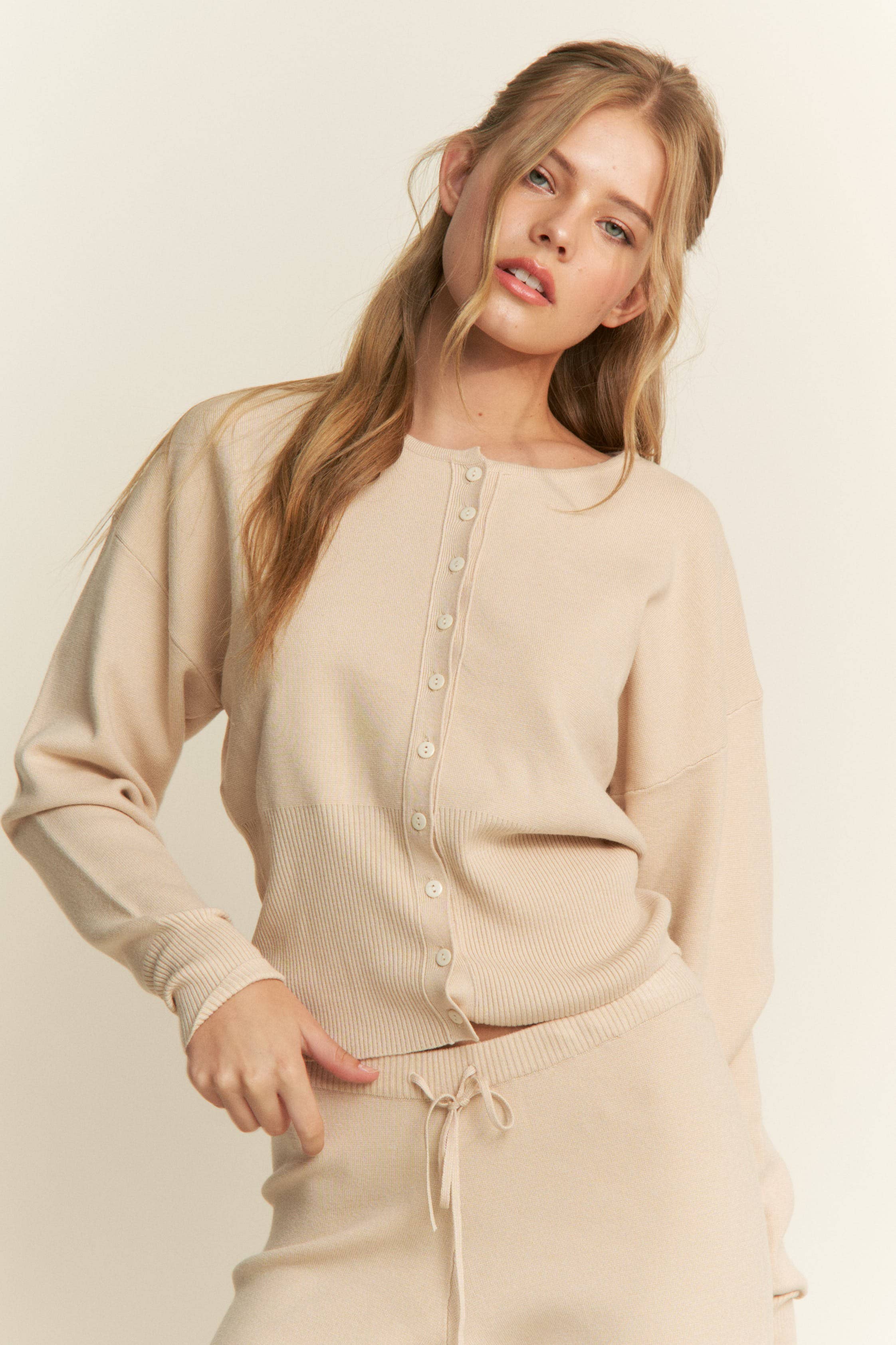 Beige Classic Button Down Knit Cardigan (Matching Set) for wholesale on Faire2