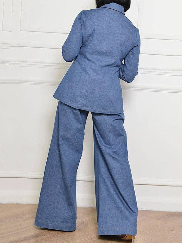 DENIM BLUE High-Waisted Jeans with Pockets and Lapel Blouse Sets for wholesale on Faire5