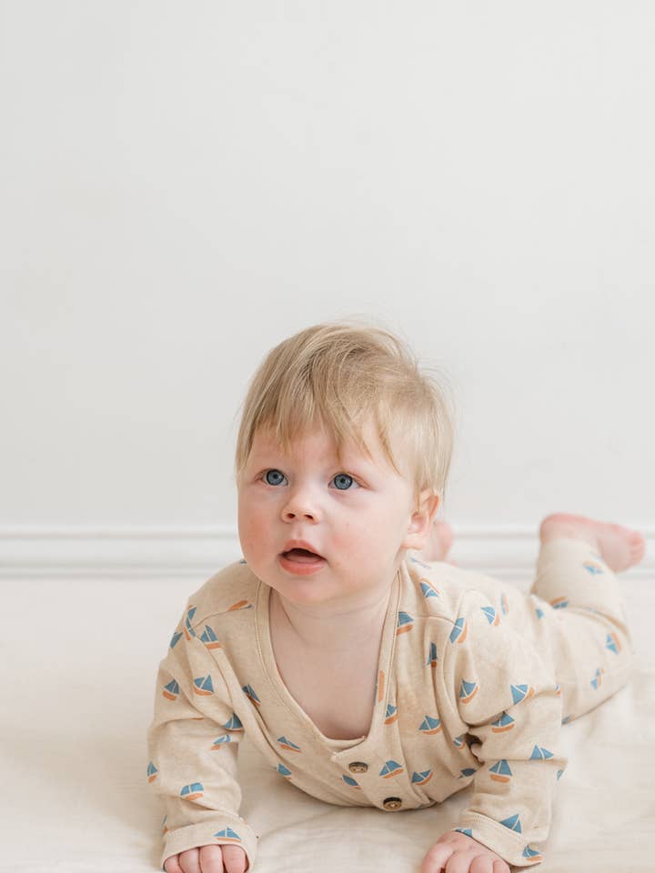 Quinn Magnetic Playsuit in Sailboats for wholesale by Dear Hayden