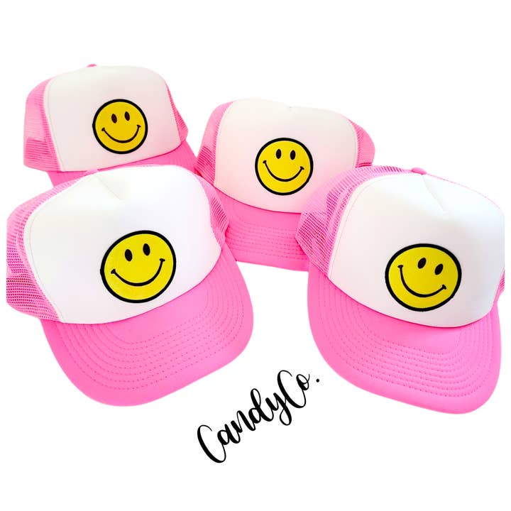 Smiley Face Patch Pink white Trucker Hat cap for wholesale by The Candy Collections