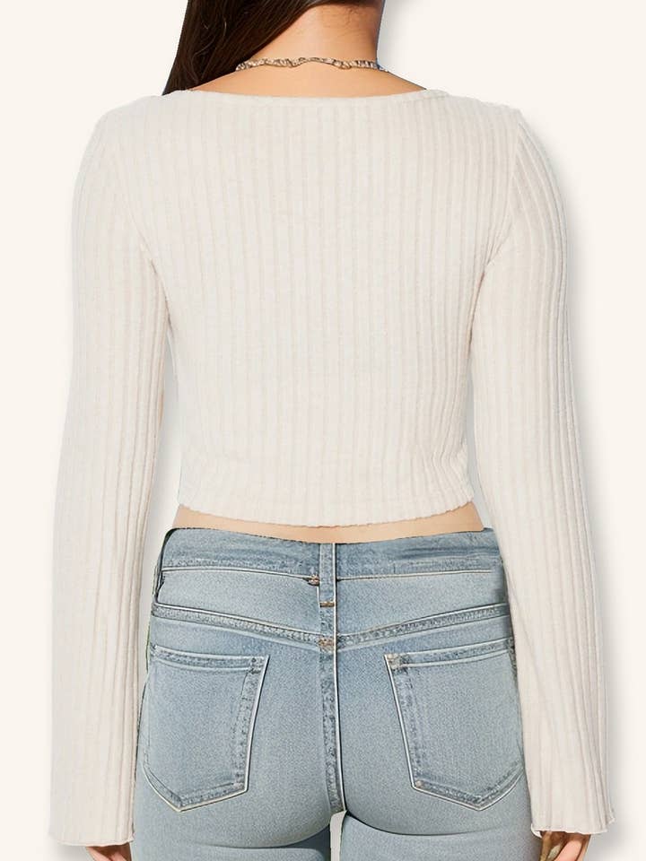 NINEXIS - Wholesale Blouse - Women's - CWTBLL3790_V NECK DRAWSTRING FLARE SLEEVE CROP TOP2