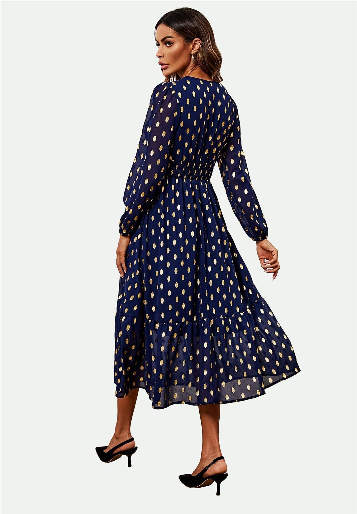 Lace Trim Foil Long Sleeve Maxi Dress In Navy for wholesale on Faire4
