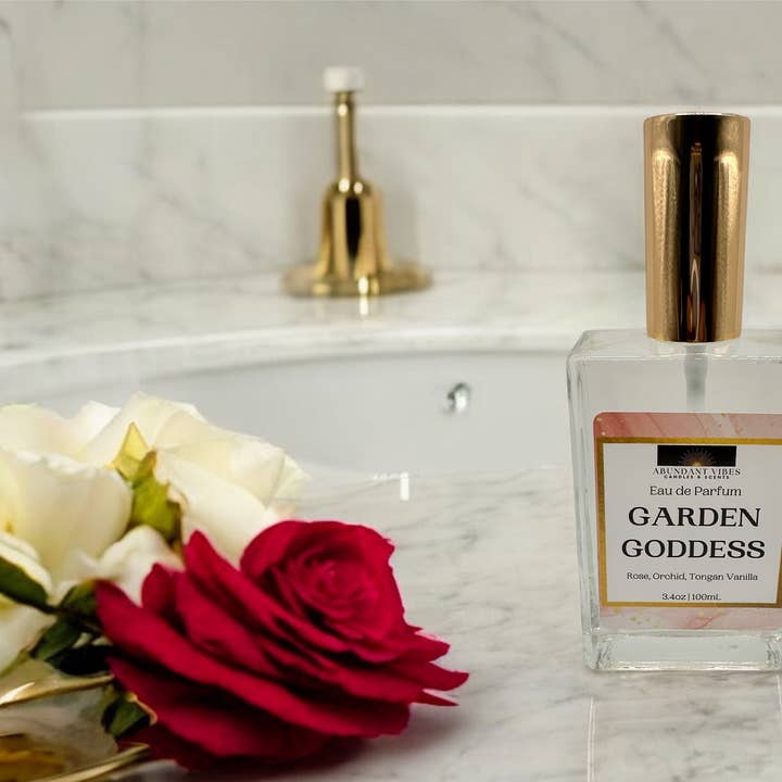 Garden Goddess 3.4oz Eau de Parfum (Rose, Orchid, Vanilla) for wholesale by Abundant Vibes Candles & Scents