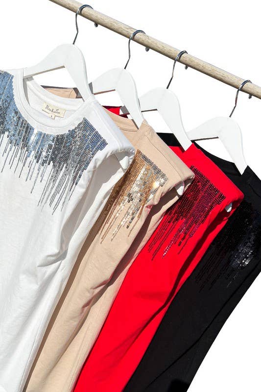 Vine & Love - Wholesale Knit Top - Women's - Shoulder Padded Sequin Detail Sleeveless Cotton Top VT813742