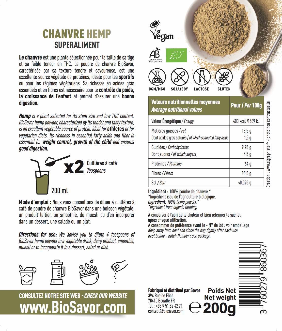 BioSavor – Großhandel Protein-/Superfood-Pulver – BioSavor Bio Hanfmehl 200 g1