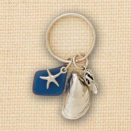 Mussel Shell w/Blue Seaglass Keychain for wholesale by Basic Spirit