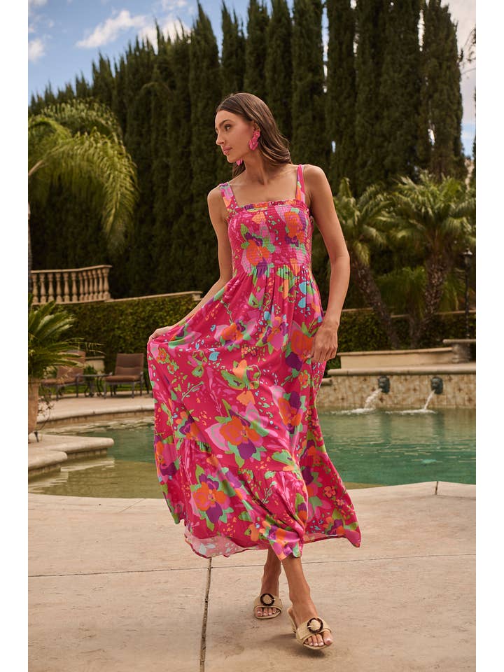FUCHSIA MULTI Himera Floral Kells Smocked Maxi Dress for wholesale on Faire