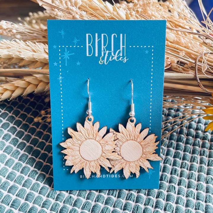 Sunflower Wooden Earrings for wholesale by Birch and tides