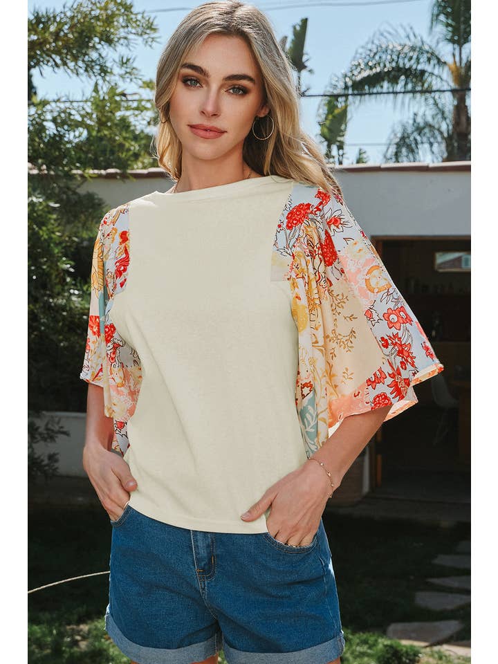 As shown Fashion-W Floral Patchwork Half Batwing Sleeve Blouse for wholesale on Faire