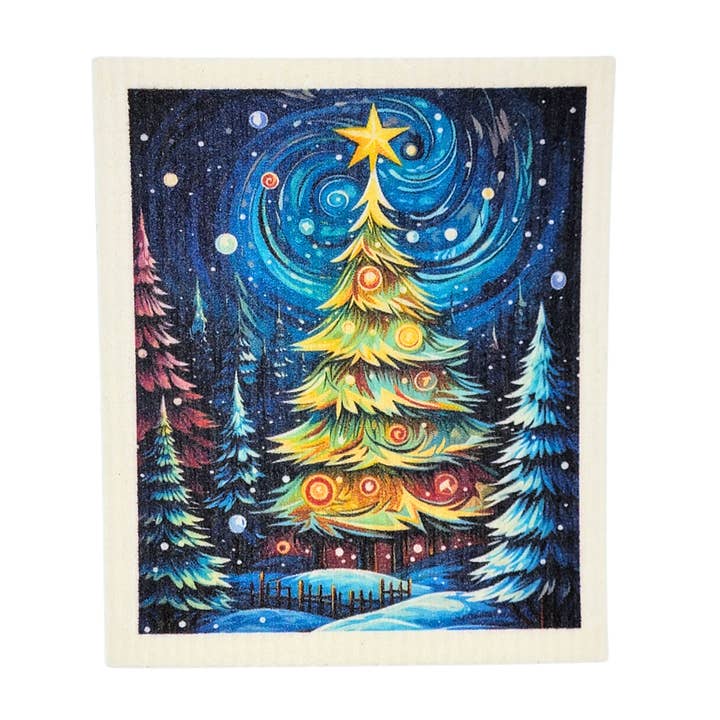 Starry Night Christmas Tree Swedish Dishcloth Holiday Decor for wholesale by Driftless Studios