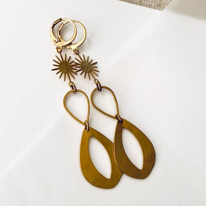 Extra Long Textured Modern Sunshine Teardrop Brass Earrings for wholesale by Rose and Della