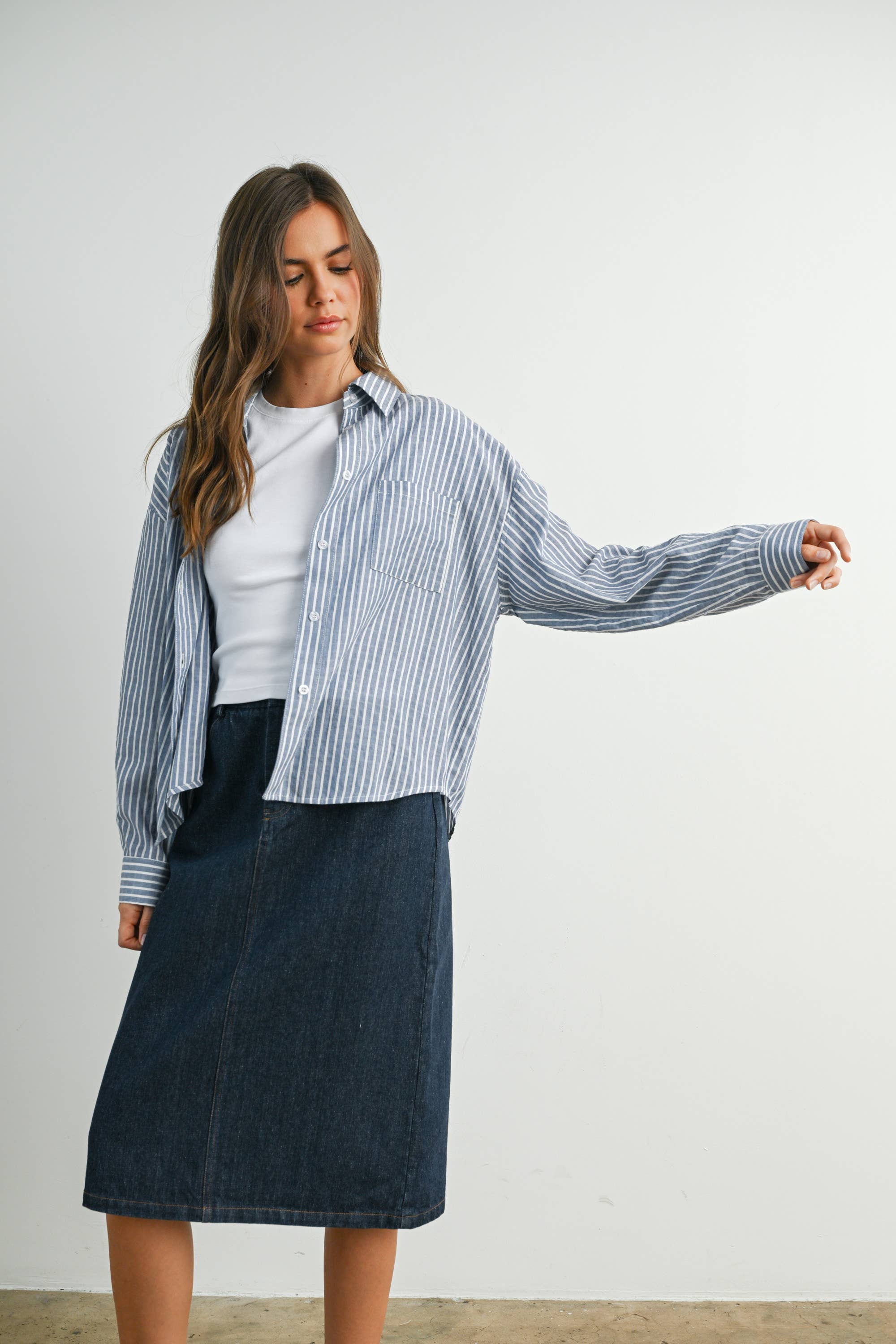 BUTTERMELON - Vente Chemise à col boutonné – femme - Haut à manches longues à rayures et col boutonné raccourci - BMT791535