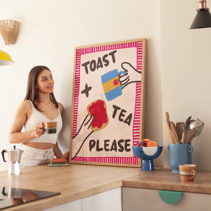 Toast and Tea Please Hand Drawn Kitchen Print - in Pink for wholesale by Pink Giraffe Print Co