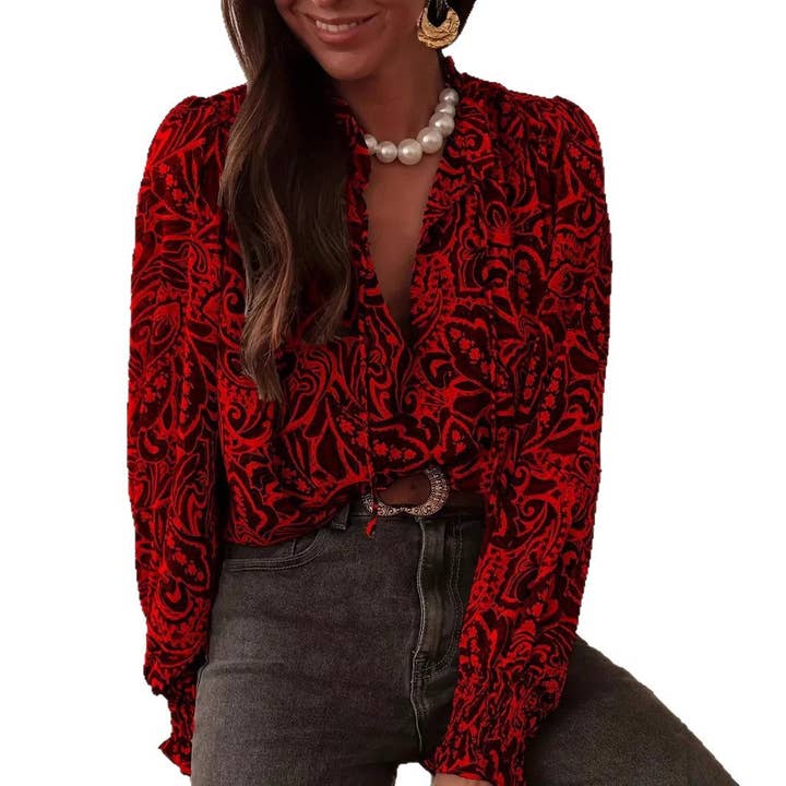 EmberLoom – wholesale Blouse – Women’s – Women's Vintage Print Smocked Long Sleeve Blouse4