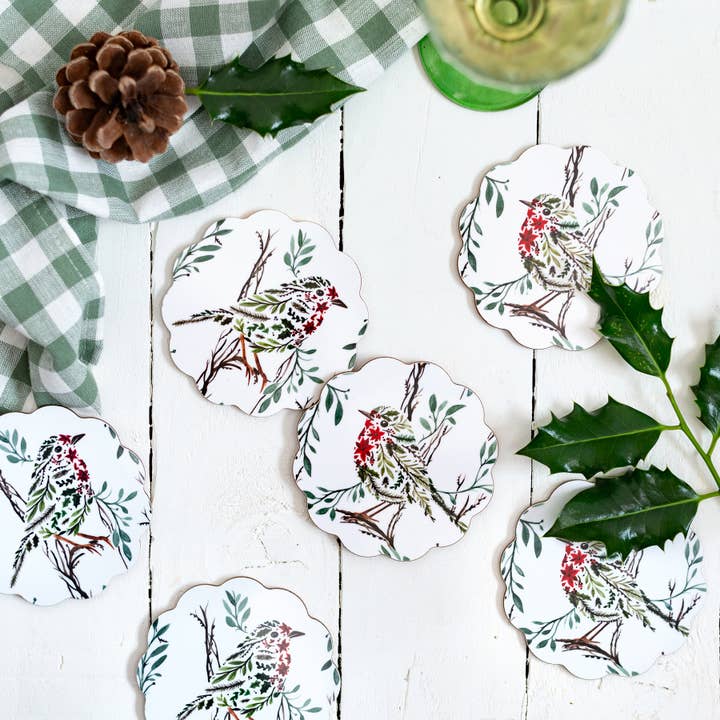 Poinsettia Robin Scallop Coaster for wholesale by Sarah Leask Studio