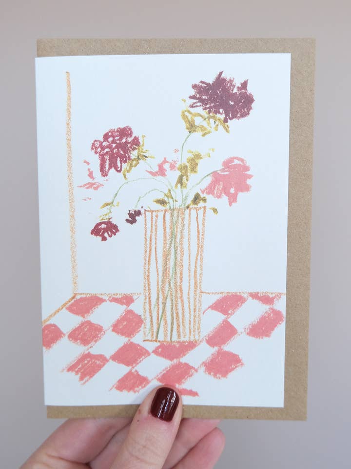 Dahlias and Gingham Greeting Card for wholesale by Sophie Tresidder Printmaker