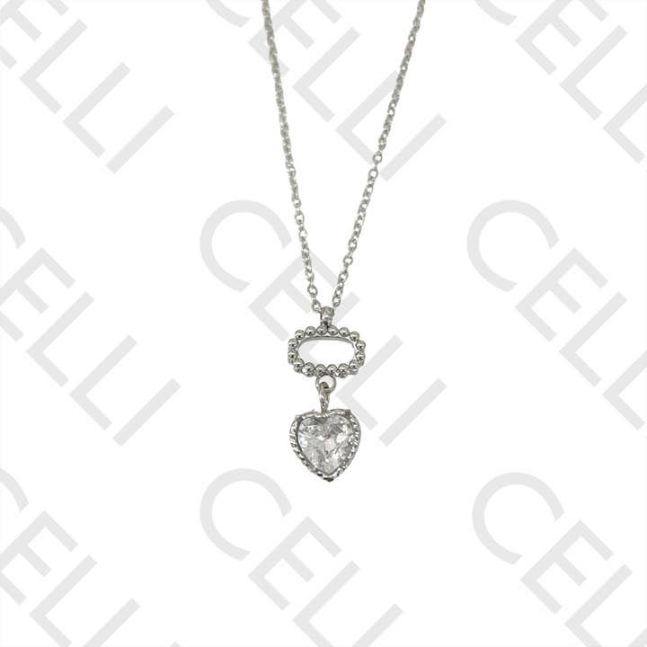 Celli Biju - Wholesale Bib Necklace - Steel Necklace - heart with diamond1