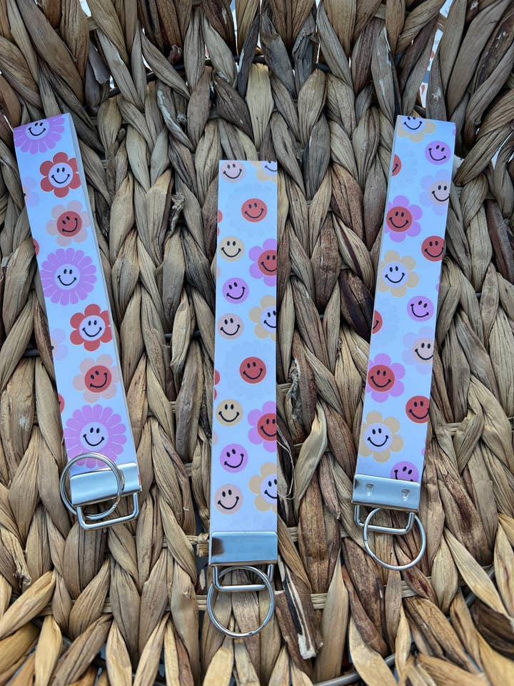 Flower Smiley Face Wristlet Keychain Fobs for wholesale by ShopCassiesCrafts