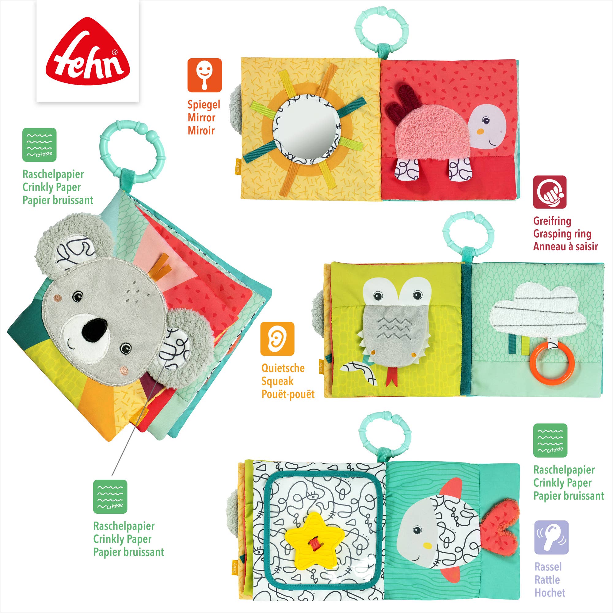 Fehn - Wholesale Crinkle Tag Toy - Baby - Koala fabric book - touch book with animal motifs2