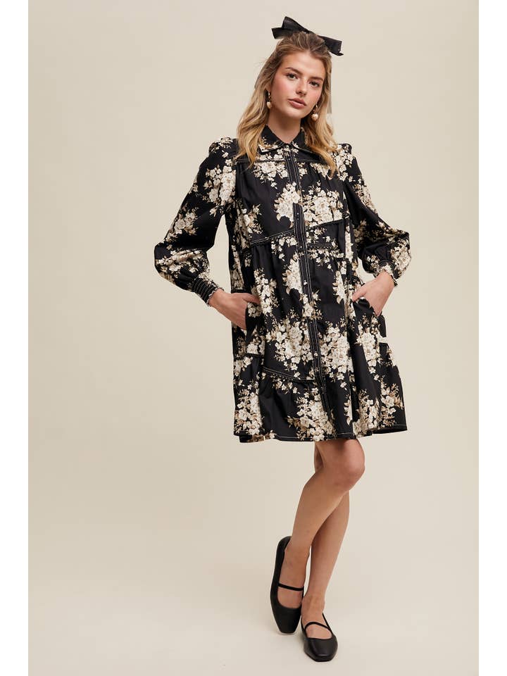 Listicle - Wholesale Dress - Women's - Floral Tiered Shirt Dress LD14708