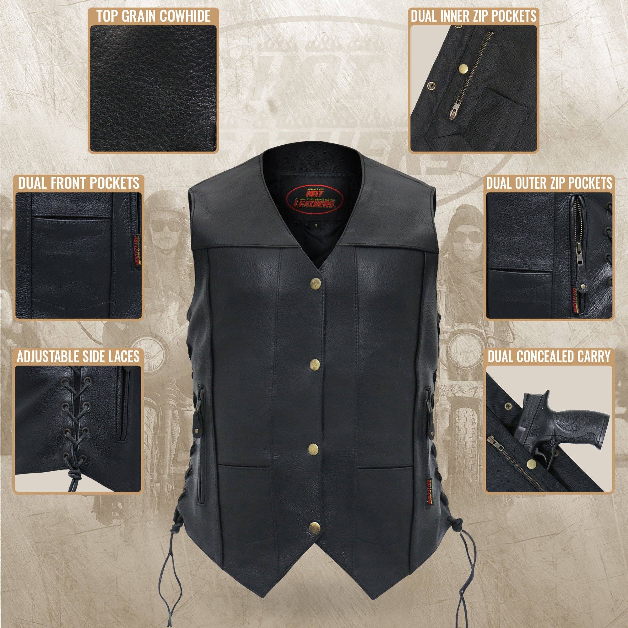 BLK Hot Leathers VSL1008 - Gilet da motociclista da donna, in pelle, con dieci tasche, colore nero in vendita all'ingrosso su Faire9