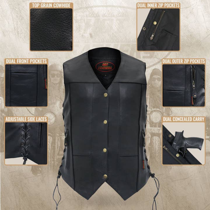 BLK Hot Leathers VSL1008 - Gilet da motociclista da donna, in pelle, con dieci tasche, colore nero in vendita all'ingrosso su Faire9