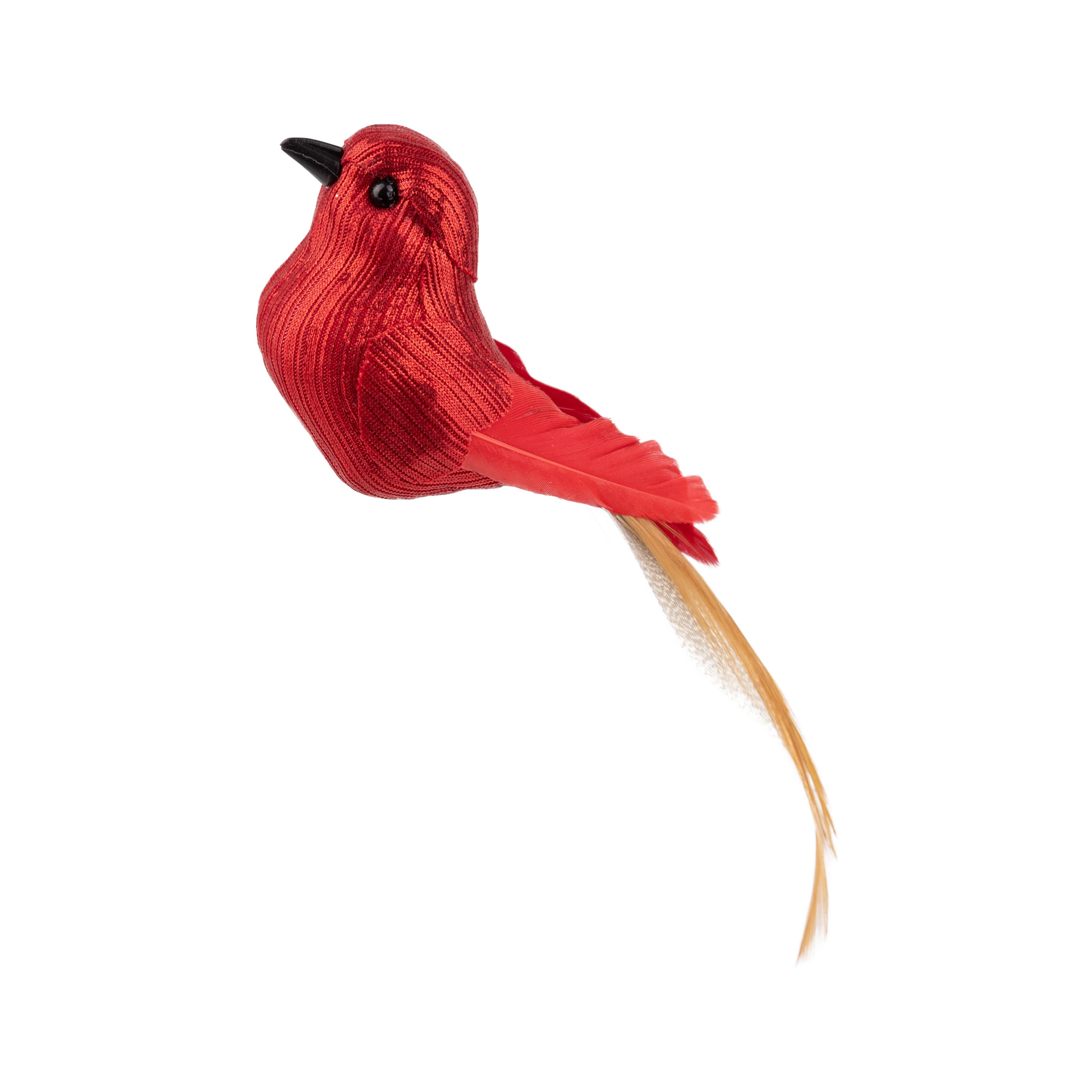 Silver Tree Home & Holiday - Wholesale Ornament - A64475: Bright red clip on bird with feather tail,5.5in
